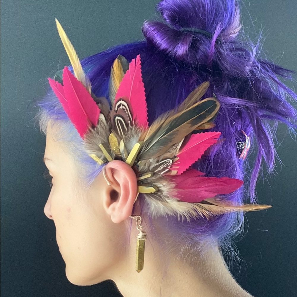 Structured red feather ear cuff with natural pheasant feathers and pyrite